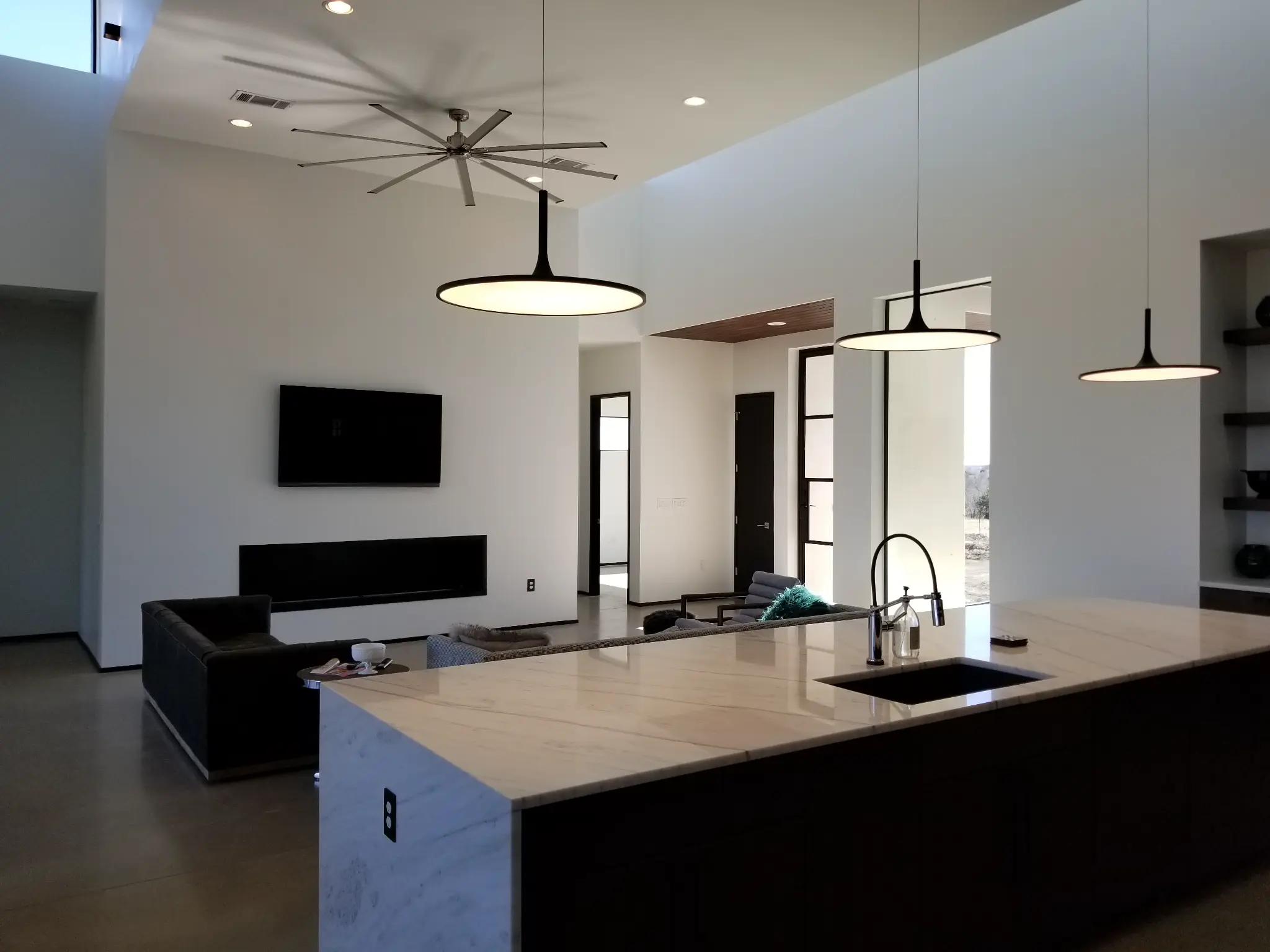 Modern interior — open concept kitchen and living